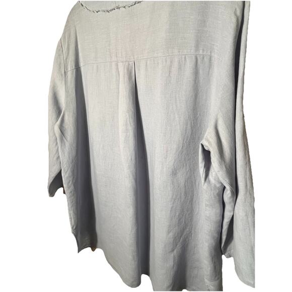 Ellen Tracy Linen Top‎ XL Blue Zip Neck Roll Tab Sleeve 100% Linen Tunic Blouse - Picture 7 of 13